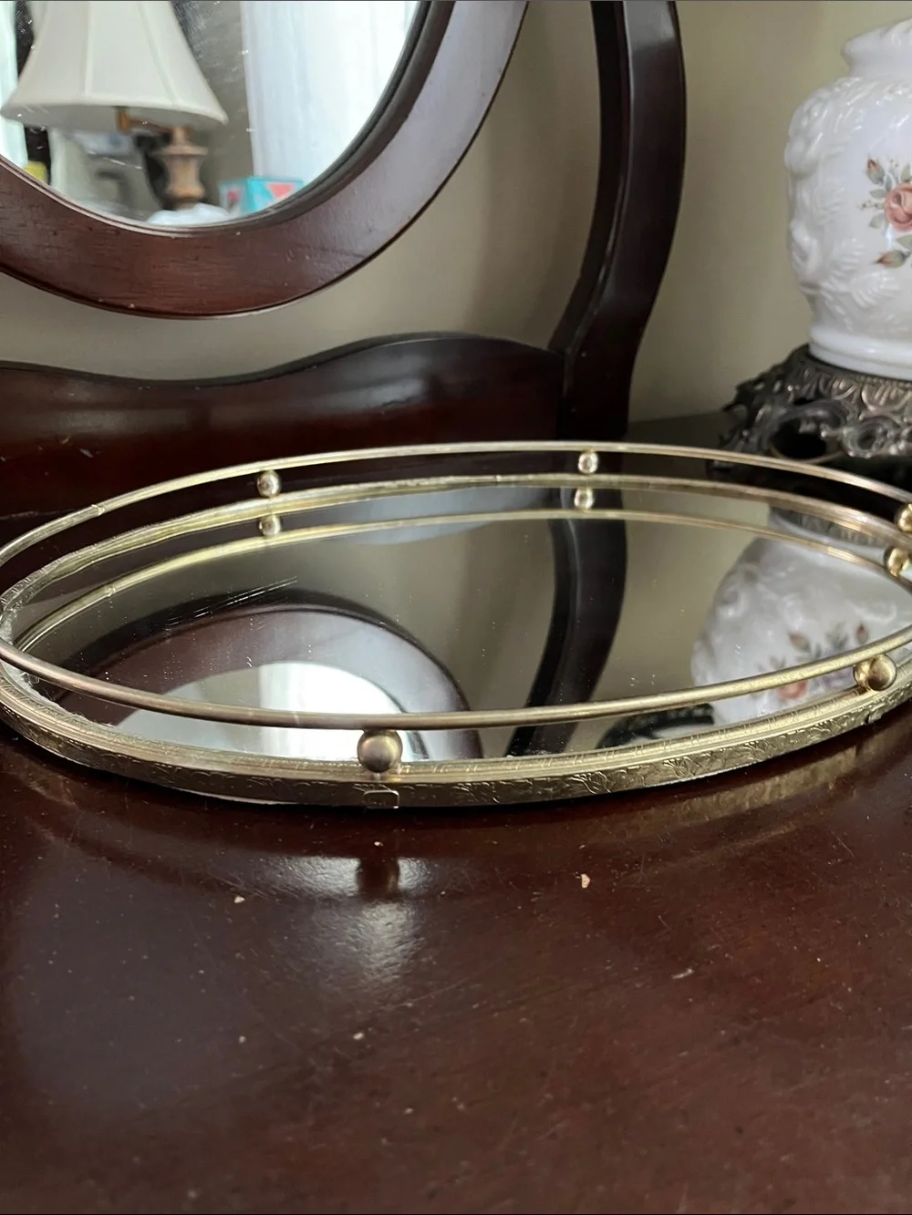 Round Mirrored Tray with Gold Rail